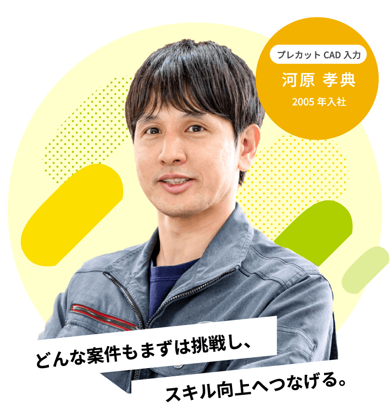 キャッチコピーが入ります。キャッチコピーが入ります。2005年入社プレカットCAD入力河原 孝典