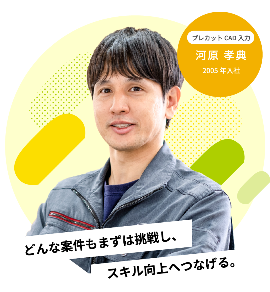 キャッチコピーが入ります。キャッチコピーが入ります。2005年入社プレカットCAD入力河原 孝典